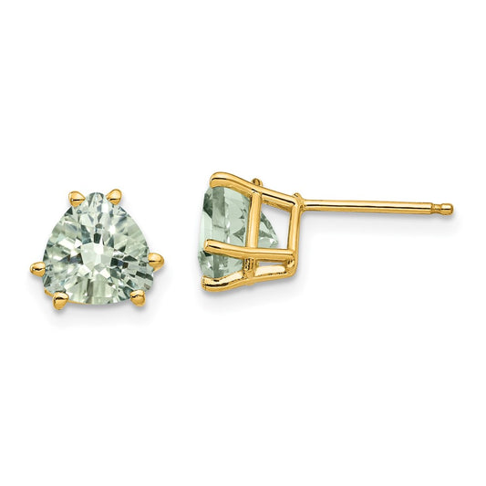 Designer 14K Gold 7mm Trillion-Cut Green Quartz Earrings - Stylish Luxury Value