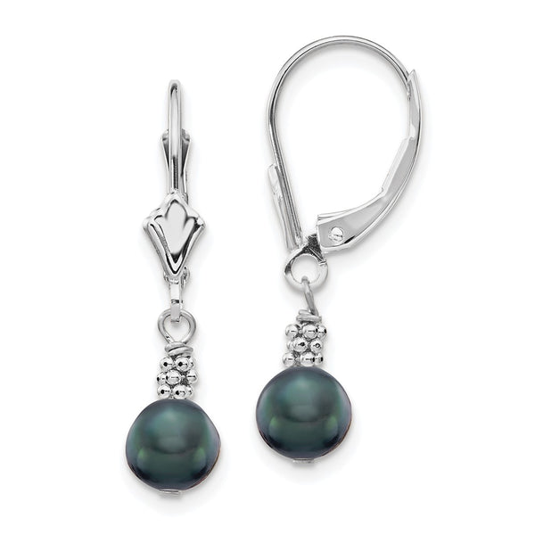 14K White Gold Leverback Earrings with 5-6mm Black Pearls