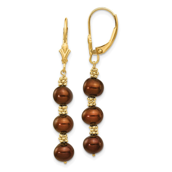 14K Gold Brown Pearl Dangle Earrings (5-6mm)