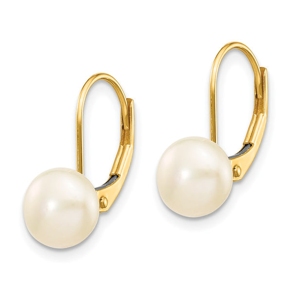 14K Gold Leverback Earrings with 7-8mm Freshwater Pearls