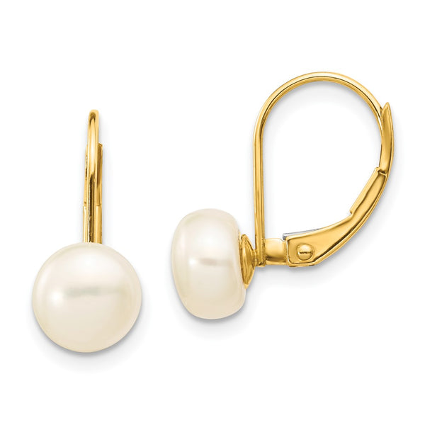 14K Gold Leverback Earrings with 7-8mm Freshwater Pearls