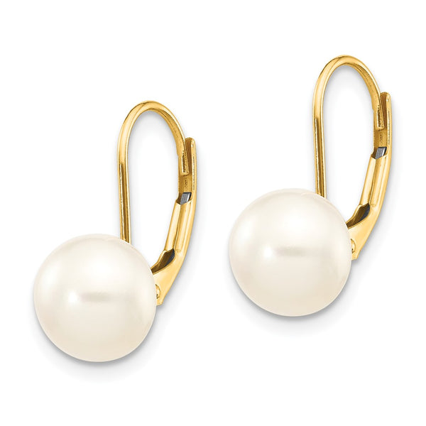 14K Gold Leverback Earrings with 8-9mm Freshwater Pearls