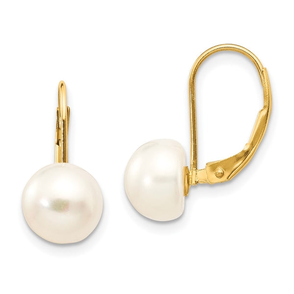 14K Gold Leverback Earrings with 8-9mm Freshwater Pearls