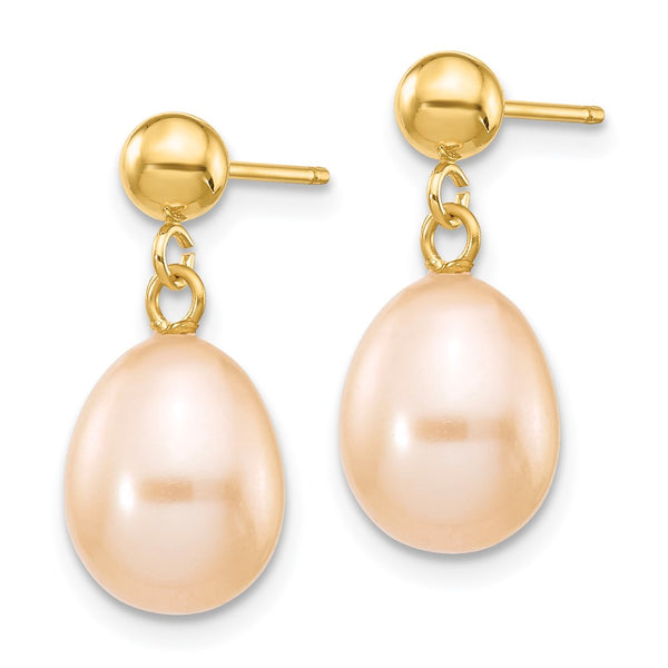 14K Gold Pink Rice Freshwater Pearl Earrings 8-9mm