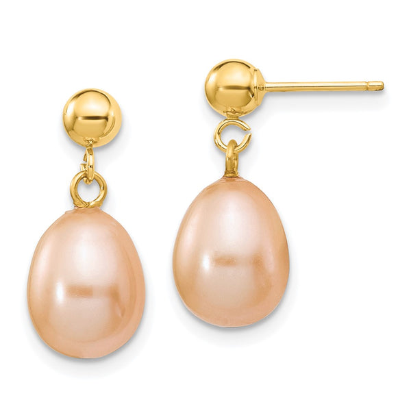 14K Gold Pink Rice Freshwater Pearl Earrings 8-9mm
