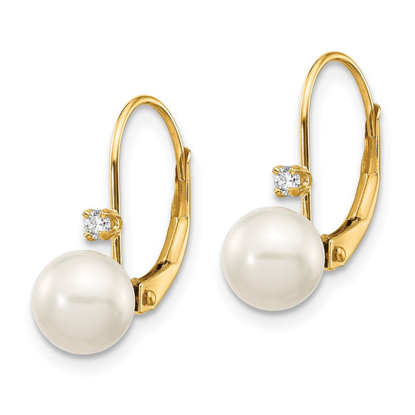 14K White Gold Leverback Earrings with Freshwater Pearls & Diamonds