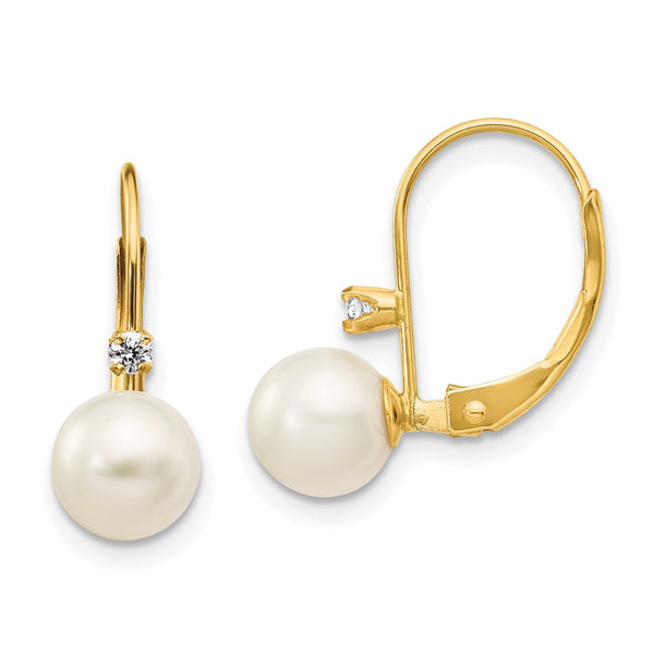 14K White Gold Leverback Earrings with Freshwater Pearls & Diamonds