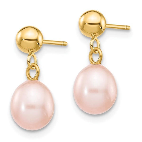 14K Gold Pink Rice Freshwater Pearl Dangle Earrings 6-7mm
