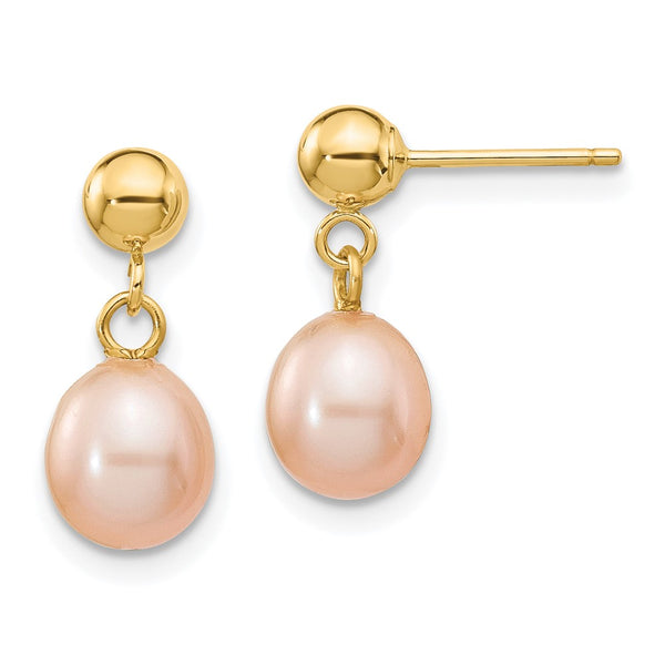 14K Gold Pink Rice Freshwater Pearl Dangle Earrings 6-7mm