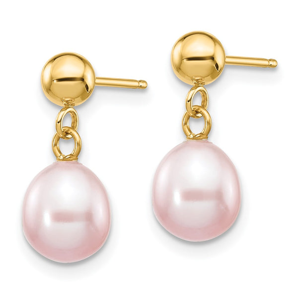 14K Gold Dangle Earrings with 6-7mm Purple Rice Pearls