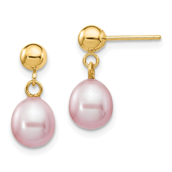 14K Gold Dangle Earrings with 6-7mm Purple Rice Pearls