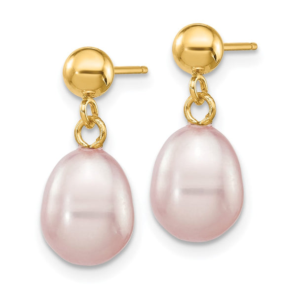 14K Gold Dangle Earrings with 7-8mm Purple Rice Pearls