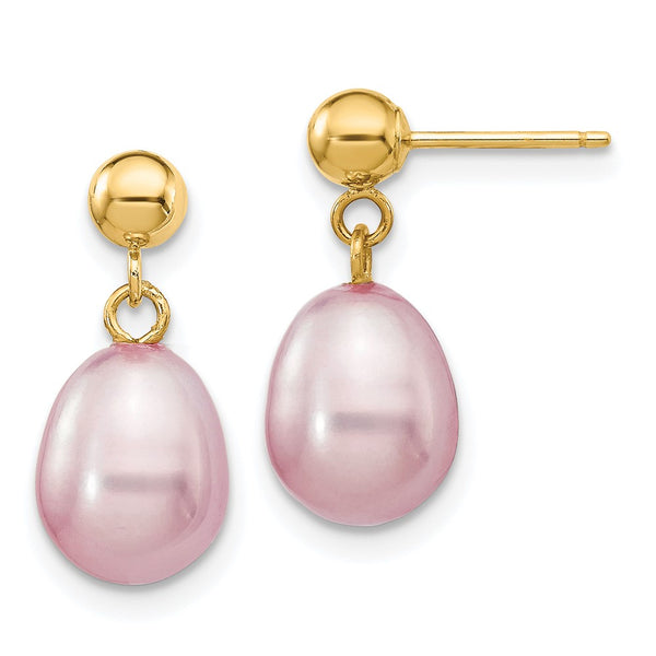 14K Gold Dangle Earrings with 7-8mm Purple Rice Pearls