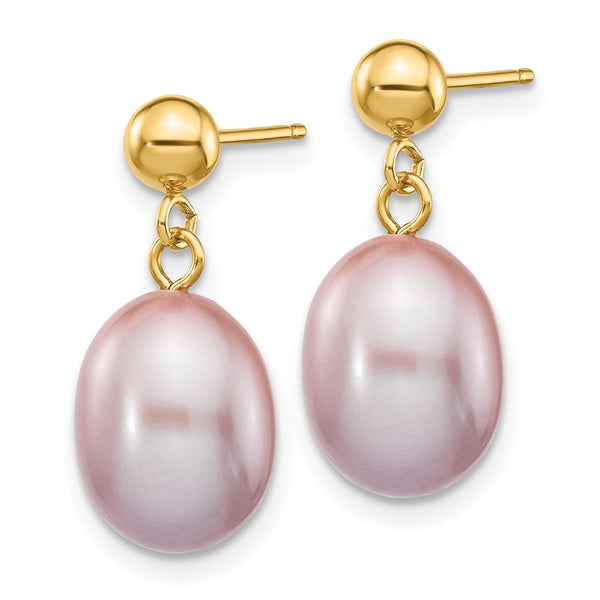 14K Gold 8-9mm Purple Rice Pearl Dangle Earrings
