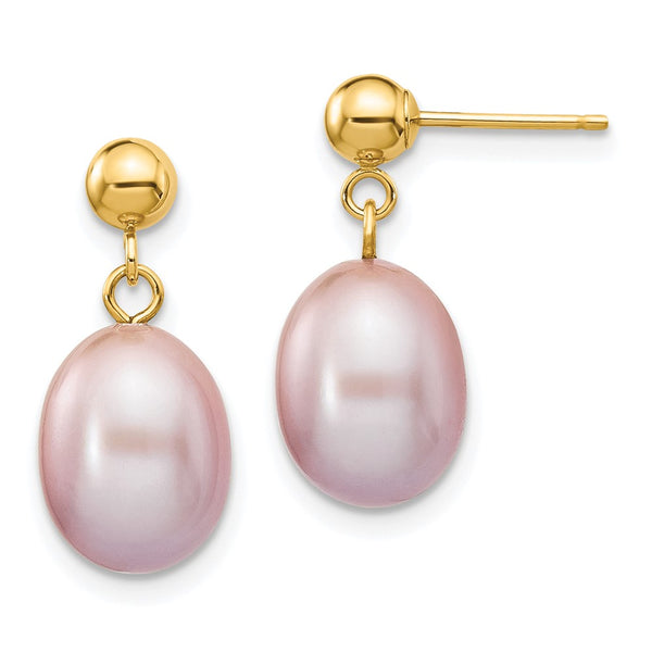14K Gold 8-9mm Purple Rice Pearl Dangle Earrings