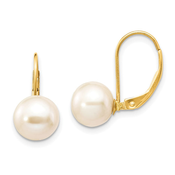 14K Gold 8-9mm Pearl Leverback Earrings