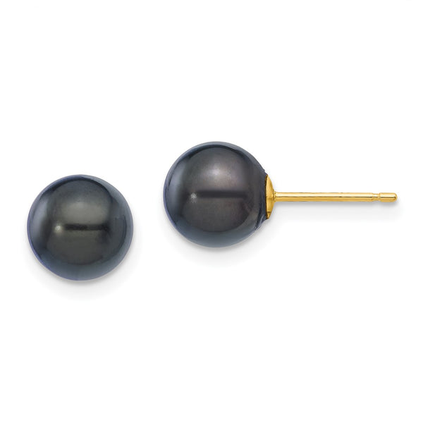 14K Gold Black Round Akoya Pearl Earrings - 7-8mm