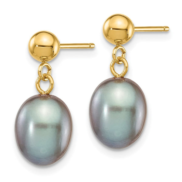 14K Gold Grey Rice Freshwater Pearl Drop Earrings - 7-8mm