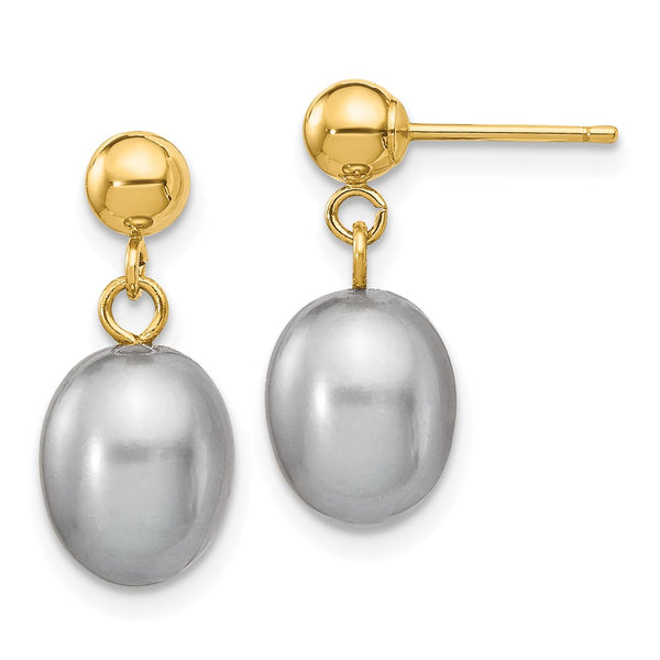 14K Gold Grey Rice Freshwater Pearl Drop Earrings - 7-8mm