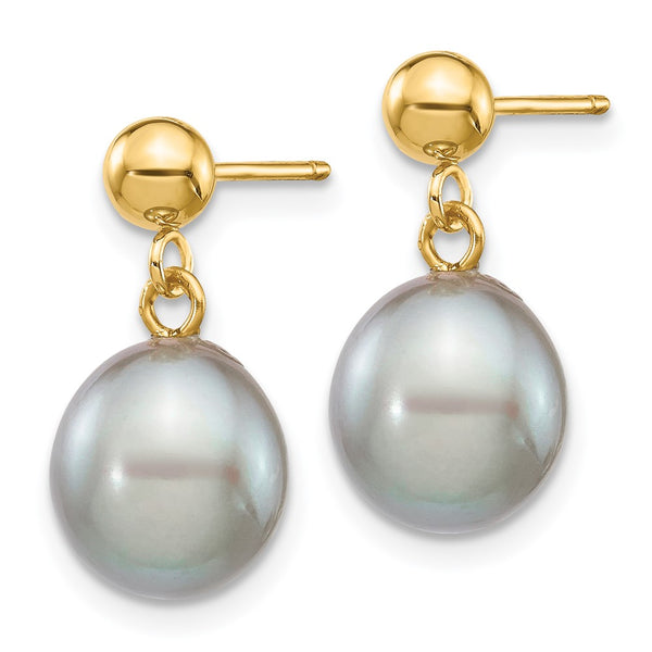 14K Gold Grey Rice Pearl Drop Earrings, 8-9mm