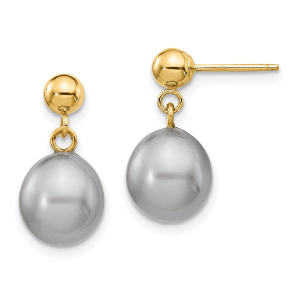 14K Gold Grey Rice Pearl Drop Earrings, 8-9mm