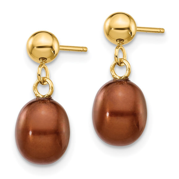 14K Gold Brown Rice Freshwater Pearl 6-7mm Post Dangle Earrings