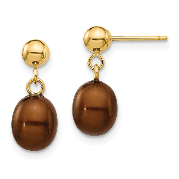 14K Gold Brown Rice Freshwater Pearl 6-7mm Post Dangle Earrings
