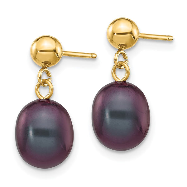 14K Gold Black Rice Pearl Dangle Earrings - 7-8mm