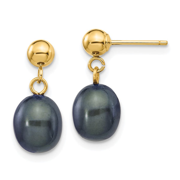 14K Gold Black Rice Pearl Dangle Earrings - 7-8mm
