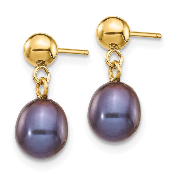 14K Gold Black Rice Pearl Earrings - 6-7mm Dangle