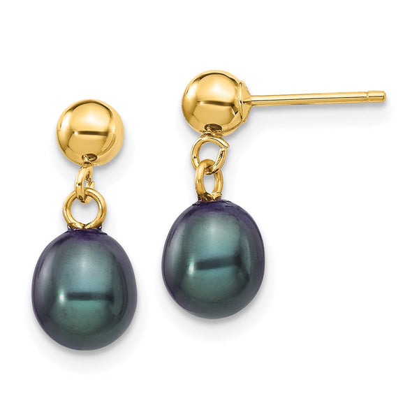 14K Gold Black Rice Pearl Earrings - 6-7mm Dangle