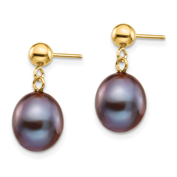 14K Gold Black Rice Pearl Earrings - 8-9mm Dangle