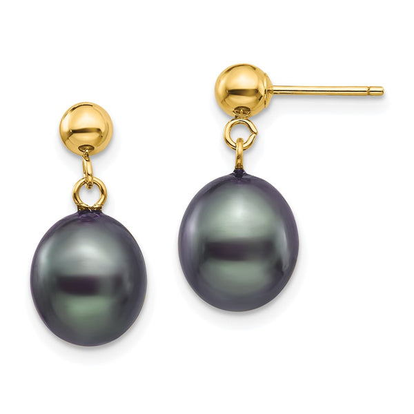 14K Gold Black Rice Pearl Earrings - 8-9mm Dangle