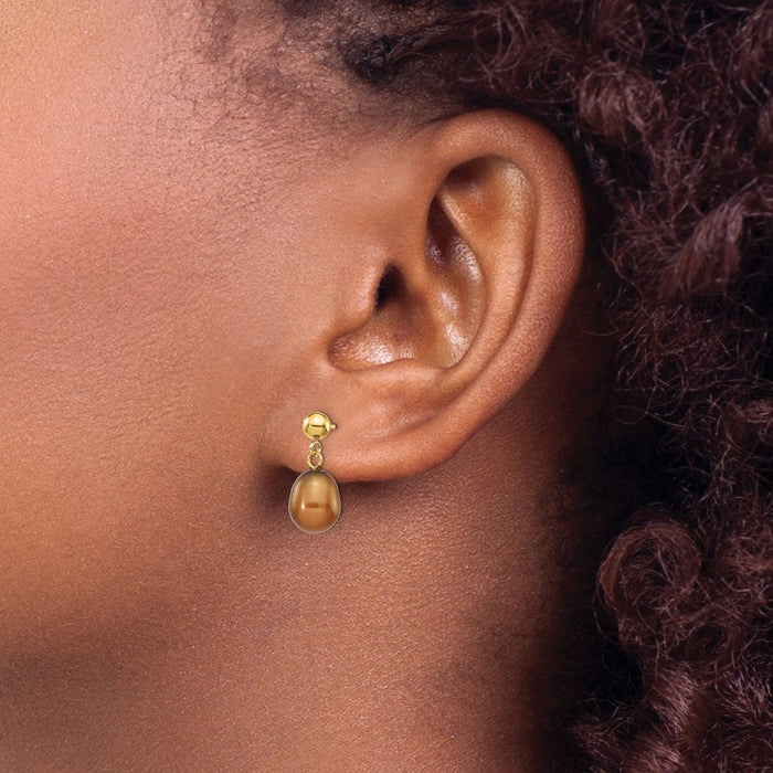 High-Quality 14K Gold 7-8mm Brown Rice Pearl Dangle Earrings | Stylish Value!-3