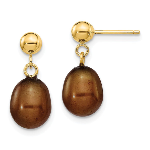 14K Gold 7-8mm Brown Rice Pearl Dangle Earrings