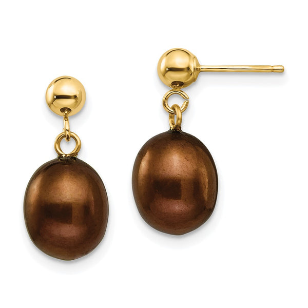 14K Gold 8-9mm Brown Freshwater Pearl Drop Earrings