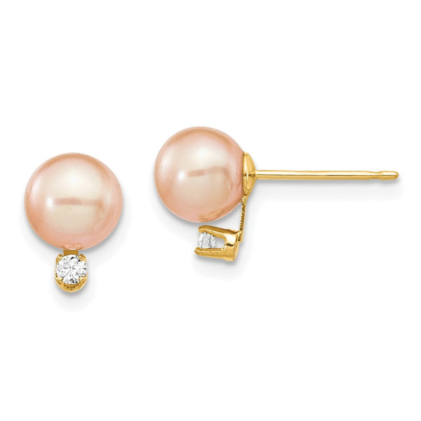 14K Gold Pink Freshwater Pearl Earrings with .06 Carat Diamonds