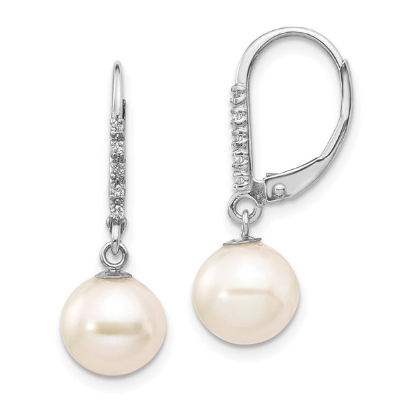 14K White Gold Leverback Earrings with Pearls & Diamonds - Style GR1-1014748
