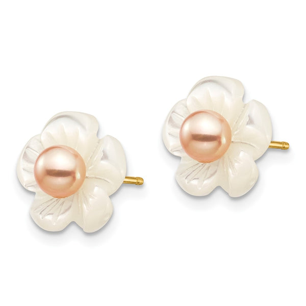 14K Gold Pearl Earrings - 3-4mm Freshwater 10mm Flower
