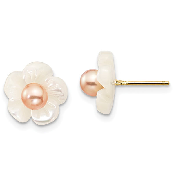 14K Gold Pearl Earrings - 3-4mm Freshwater 10mm Flower