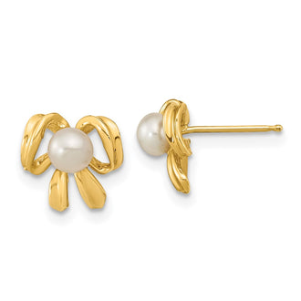 High-Quality 14K Gold White Pearl Bow Earrings - 3-4mm, Stylish Value Offer!