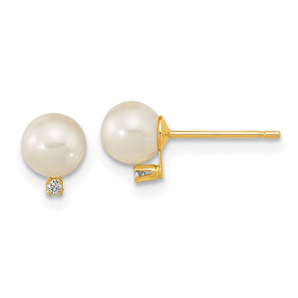 14K White Gold Stud Earrings with 5-5.5mm Freshwater Pearls & CZ