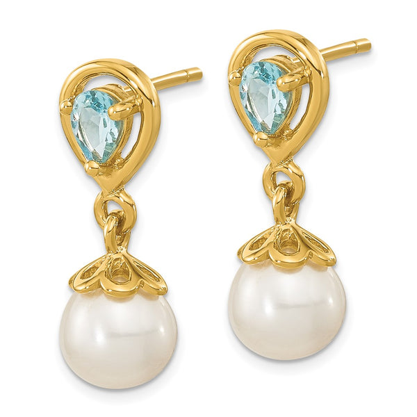14K Gold Dangle Earrings with 6-7mm Pearls & Swiss Blue Topaz