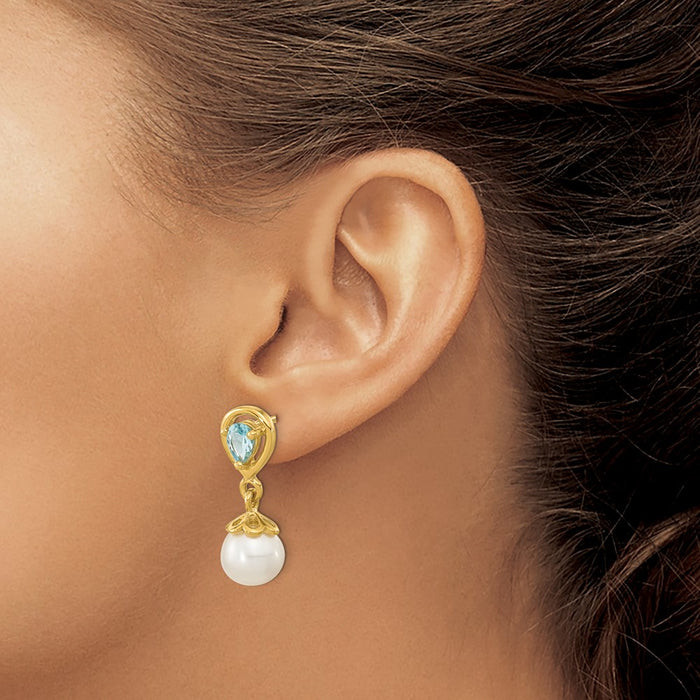Buy Stylish 14K Gold Dangle Earrings with 6-7mm Pearls & Swiss Blue Topaz-3