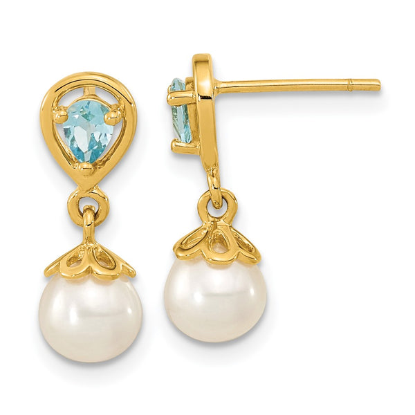 14K Gold Dangle Earrings with 6-7mm Pearls & Swiss Blue Topaz