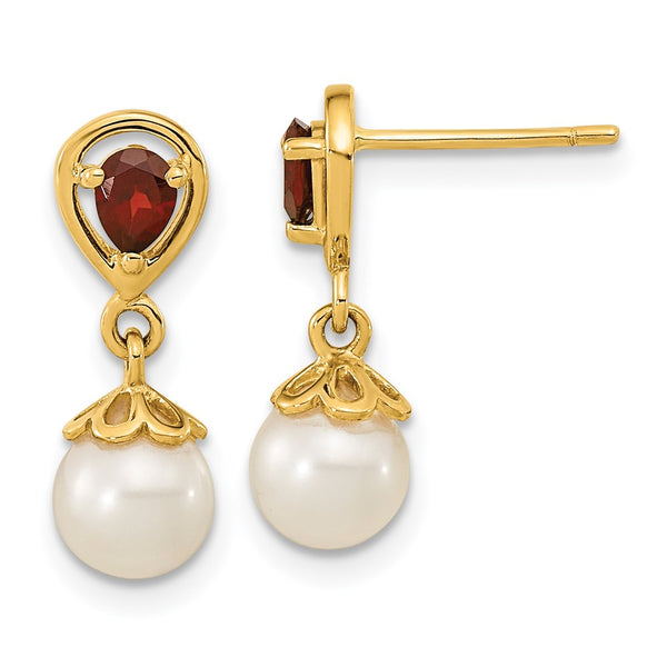 14K Gold Dangle Earrings with Freshwater Pearls & Garnets