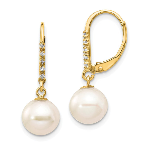 14K White Gold Pearl & Diamond Dangle Earrings - 8-9mm, 0.05ct