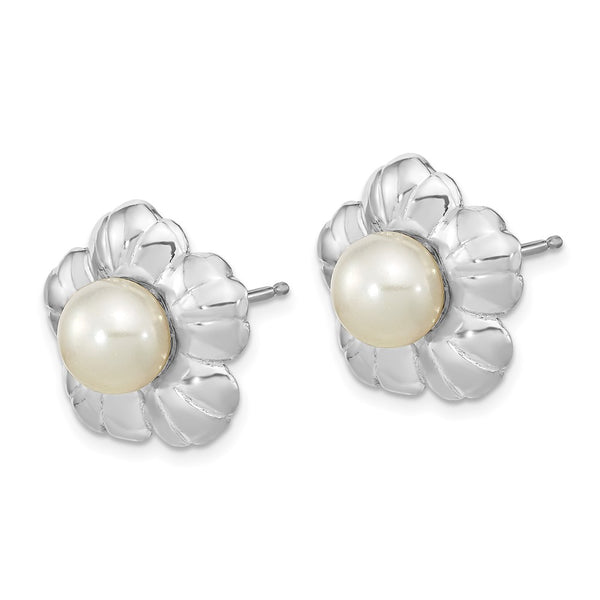 14K White Gold Flower Earrings with 5-6mm Freshwater Pearls