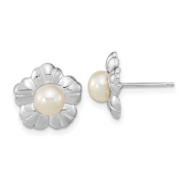 14K White Gold Flower Earrings with 5-6mm Freshwater Pearls
