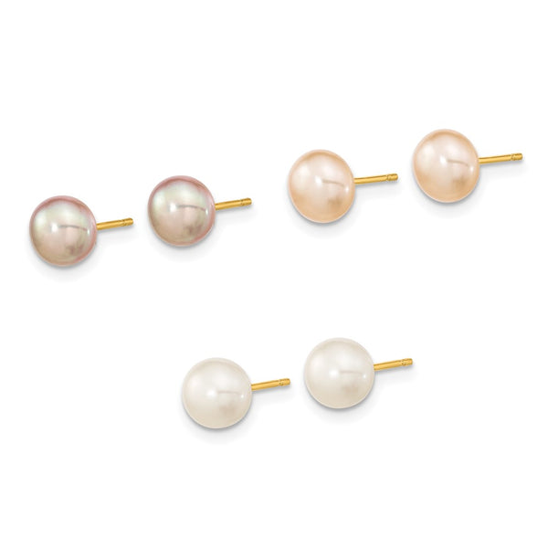 14K Gold Freshwater Pearl Earrings Set - 3 Pairs, 6-7mm
